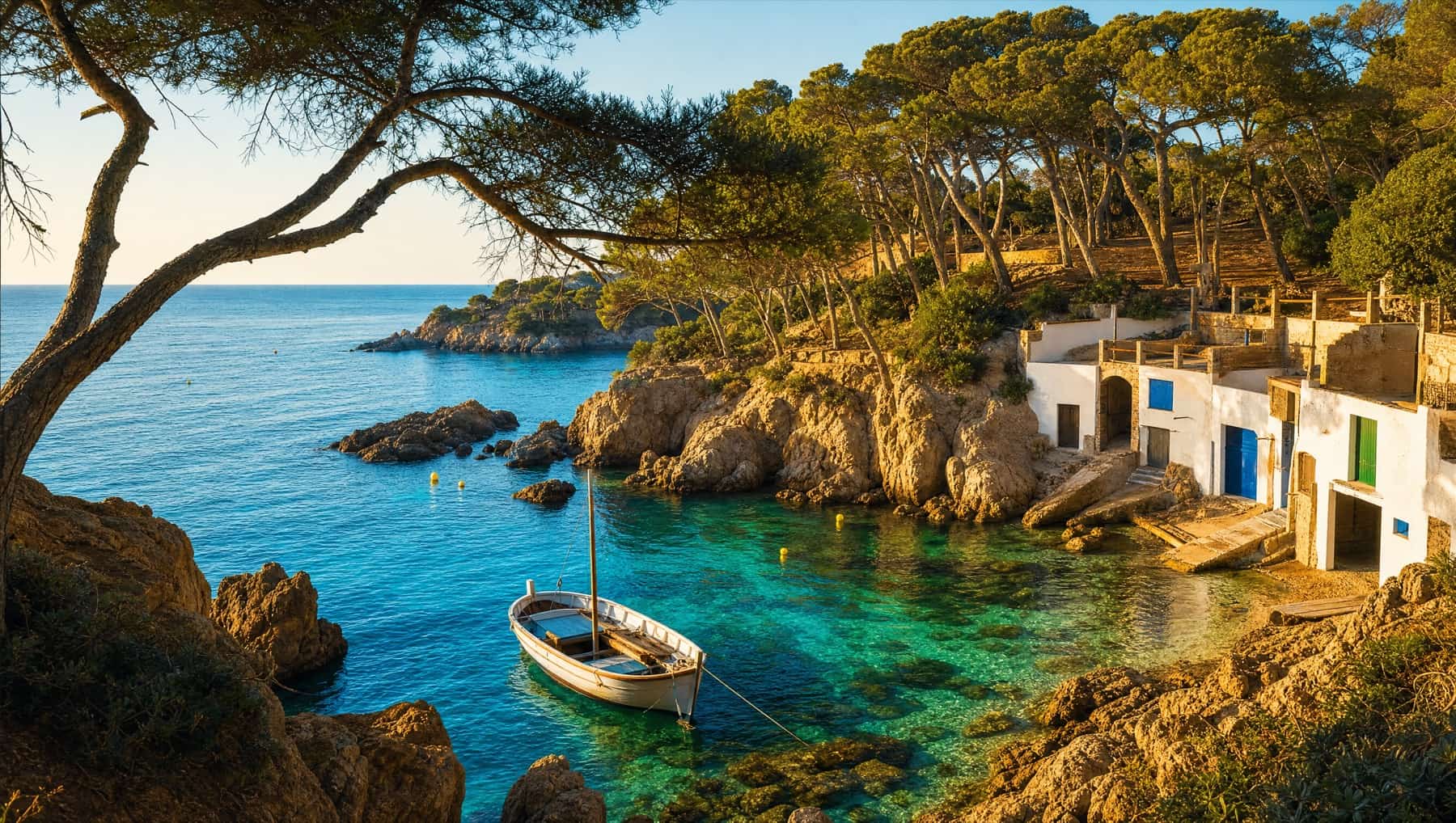 Cala de la Costa Brava con pinos y una barca de madera al atardecer